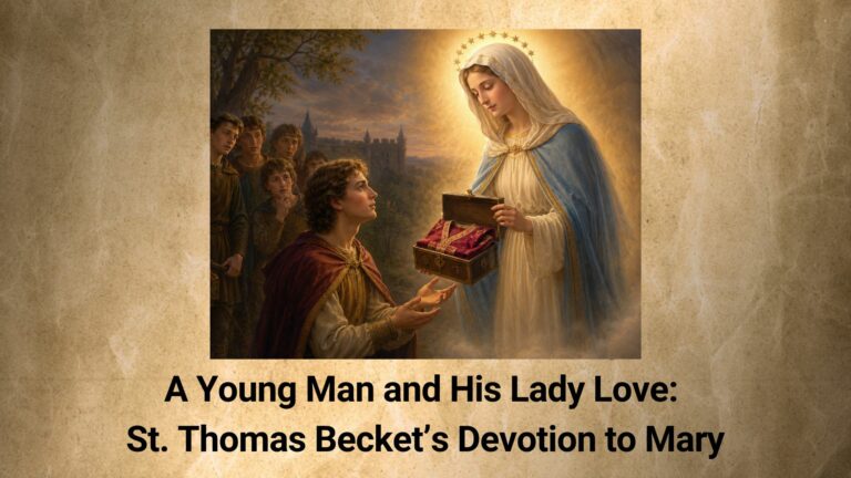 Our Lady appearing to young Thomas — the Blessed Virgin presenting Thomas with the small box containing the blood-red chasuble.