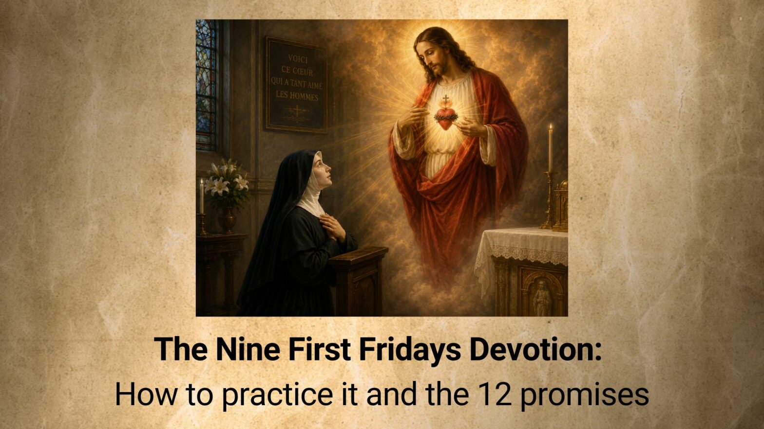 St. Margaret Mary Alacoque kneeling before Jesus as He reveals His Sacred Heart.